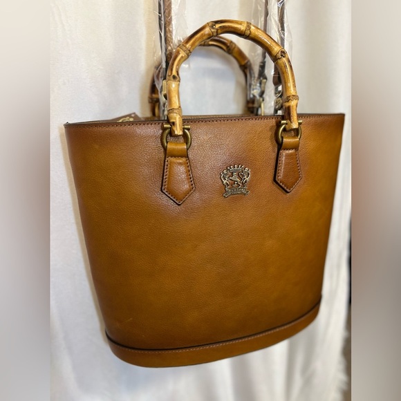 ❤️NWT-PRATESI, Made In Italy Genuine Leather 3 Compartment Bamboo Handle Tote❤️ - Picture 11 of 16